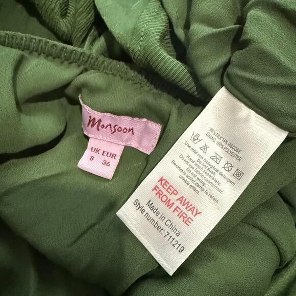 Monsoon Forest Green Pleated Patchwork Silk Blend Fairycore Maxi Skirt 6/S - Picture 8 of 8